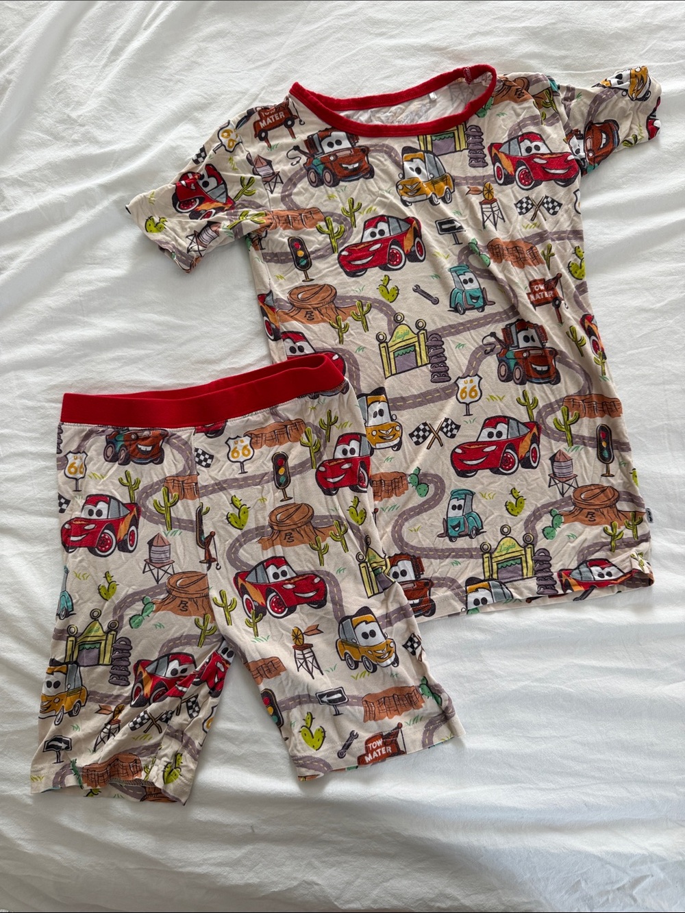 Little Sleepies Beige Pajama Set with Red Trim and Multicolor Disney Cars Print